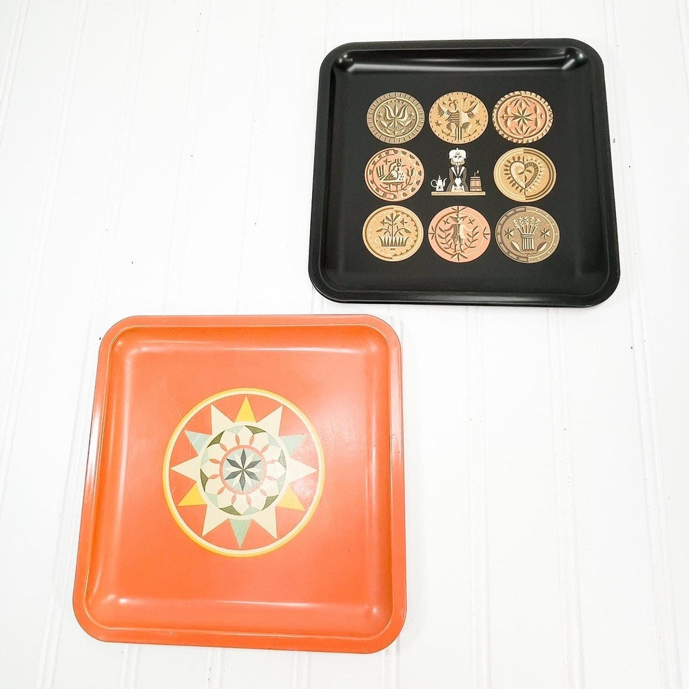 Midcentury Modern Metal Tray Set: Orange & Black Vintage Decor